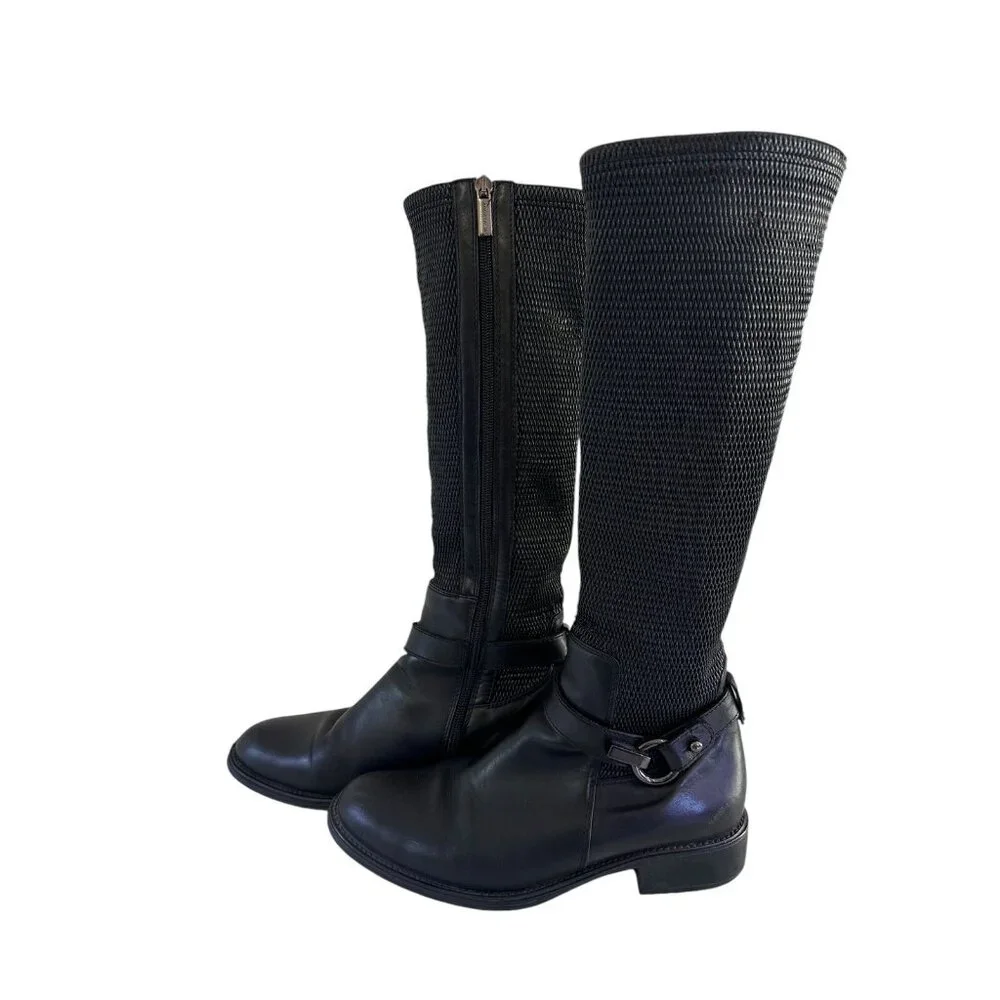 Aquatalia Women’s Black Leather and Stretch Fabric Knee high Boots – Size 8.5‎